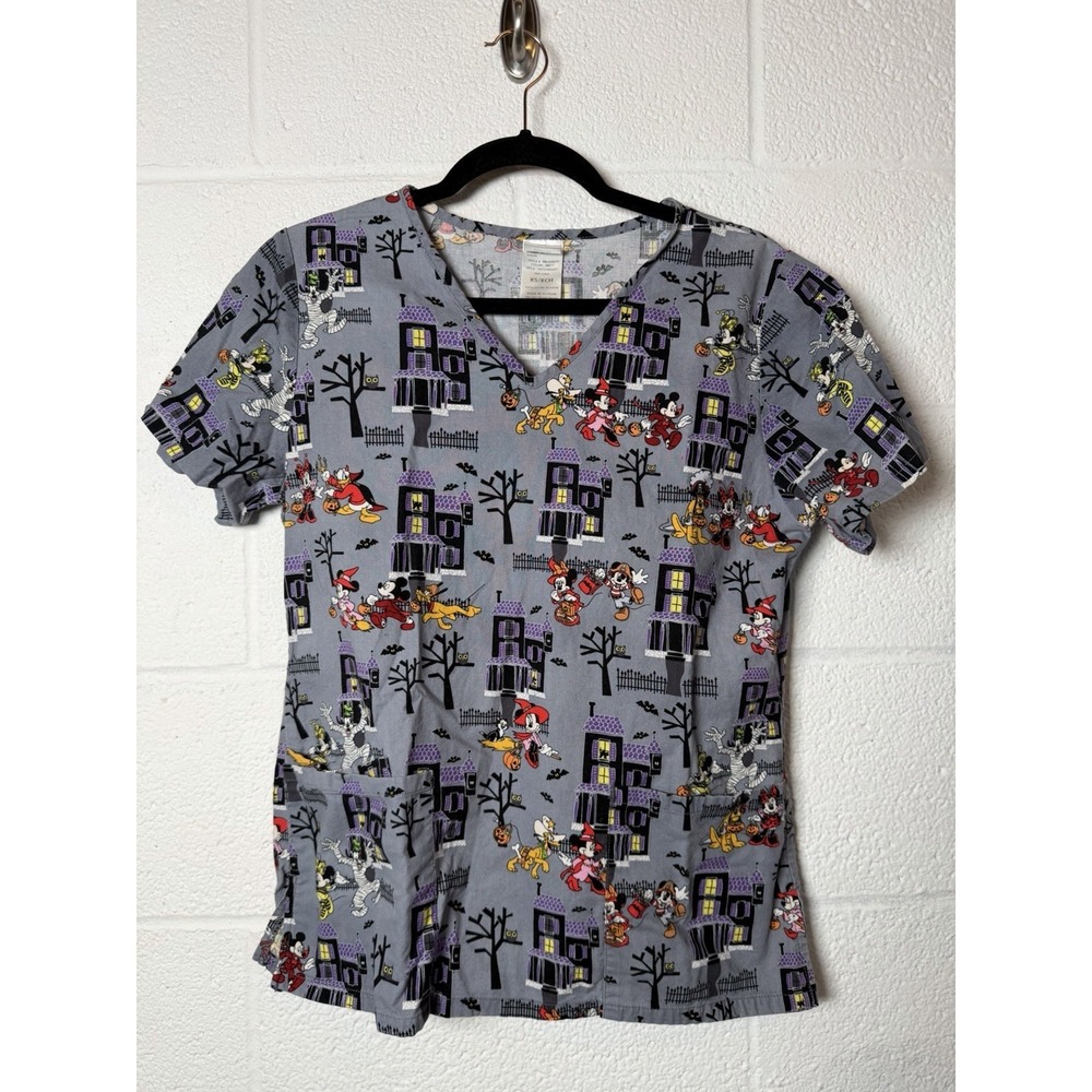 Disney Halloween Scrub Top XS Mickey Minnie Pluto Haunted Houses Gray
